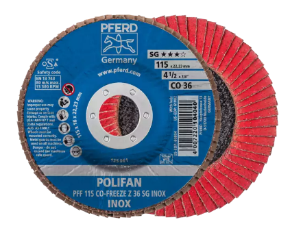 7" x 5/8-11 Thd. A.H. POLIFAN® Flap Disc - CO-FREEZE SG INOX, Ceramic oxide, 36 Grit, Conical