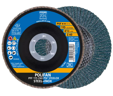 7" x 5/8-11 Thd. POLIFAN® Flap Disc - Z PSF STEELOX, Zirconia, 60 Grit, Conical