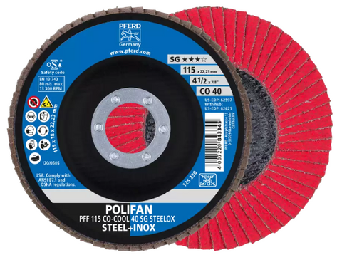 7" x 5/8-11 Thd. POLIFAN® Flap Disc - CO-COOL SG STEELOX, Ceramic oxide, 40 Grit, Conical
