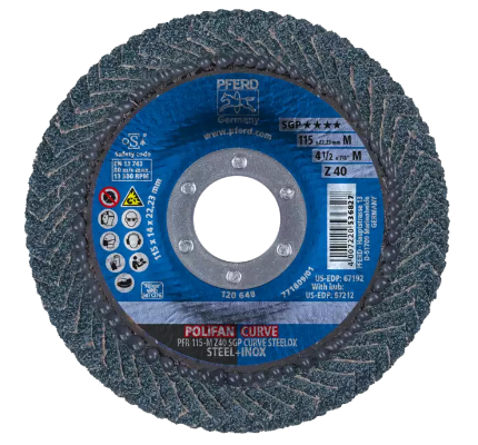 6" x 5/8-11 Thd. POLIFAN® Flap Disc - Z SGP CURVE STEELOX, Zirconia, 40 Grit, Large Radius