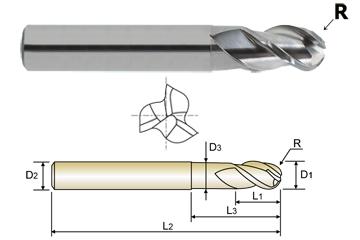 3 FLUTE REGULAR LENGTH 40 DEGREE HELIX BALL NOSE NECK ALU-POWER