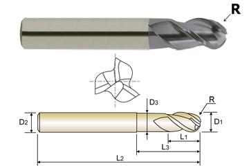 EG910100 10.0 x 10 x 8.5 x 35 x 75 R5.0 N9.0 2 FLUTE 50 DEGREE HELIX STUB CUT LENGTH BALL NOSE WITH NECK TICN COATED CARBIDE End Mill
