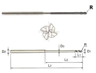 EIB07904 3/32 x 1/8 x 9/32 x 3 4 FLUTE 30 HELIX LONG REACH BALL NOSE D-POWER END MILL