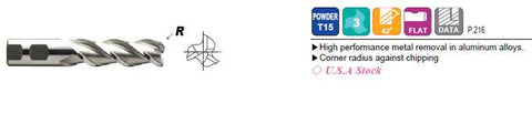EP11162 1-1/4 x 1-1/4 x 2 x 4-1/2 3 FLUTE REGULAR LENGTH CORNER RADIUS .120 FINISHER FOR ALUMINUM T-15 End Mill