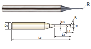 GMF19926 .024 (R.008) x 3/16 x 1/32(1/4) x 1-3/4 4G MILL 2 FLUTE 30 DEGREE HELIX CORNER RADIUS WITH NECK END MILL