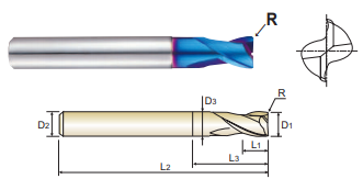 G8A36008 0.8 x 3 x 1.2 x 40 R.05 2 FLUTE SE STUB CUT CORNER RADIUS EXTENDED NECK X-5070 POWER CARBIDE END MILL