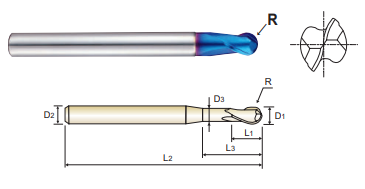 G8A54005 .5 x 6 x .5 x 1.5 x 50 R.25 2 FLUTE BALL NOSE FOR RIB PROCESSING X-5070 END MILL