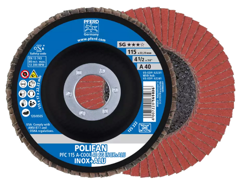 4-1/2" x 5/8-11 Thd. POLIFAN® Flap Disc - A-COOL SG INOX+ALU, Aluminum oxide, 40 Grit, Flat