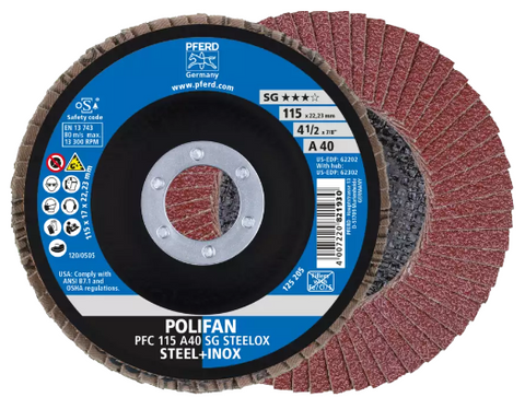 5" x 5/8-11 Thd. POLIFAN® Flap Disc - A SG STEELOX, Aluminum oxide, 80 Grit, Conical