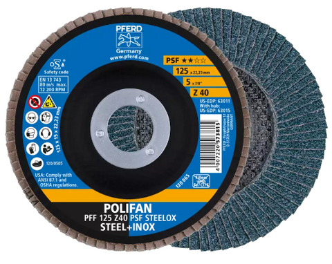 5" x 5/8-11 Thd. POLIFAN® Flap Disc - Z PSF STEELOX, Zirconia, 120 Grit, Conical