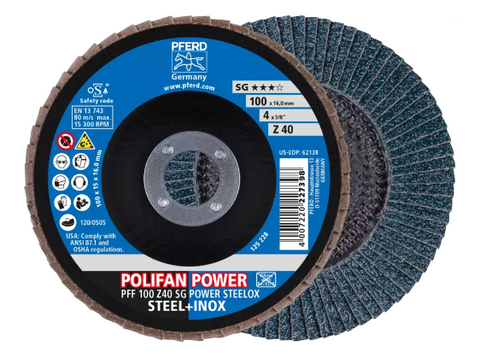 4-1/2" x 5/8-11 Thd. POLIFAN® Flap Disc - Z SG POWER STEELOX, Zirconia, 40 Grit, Conical
